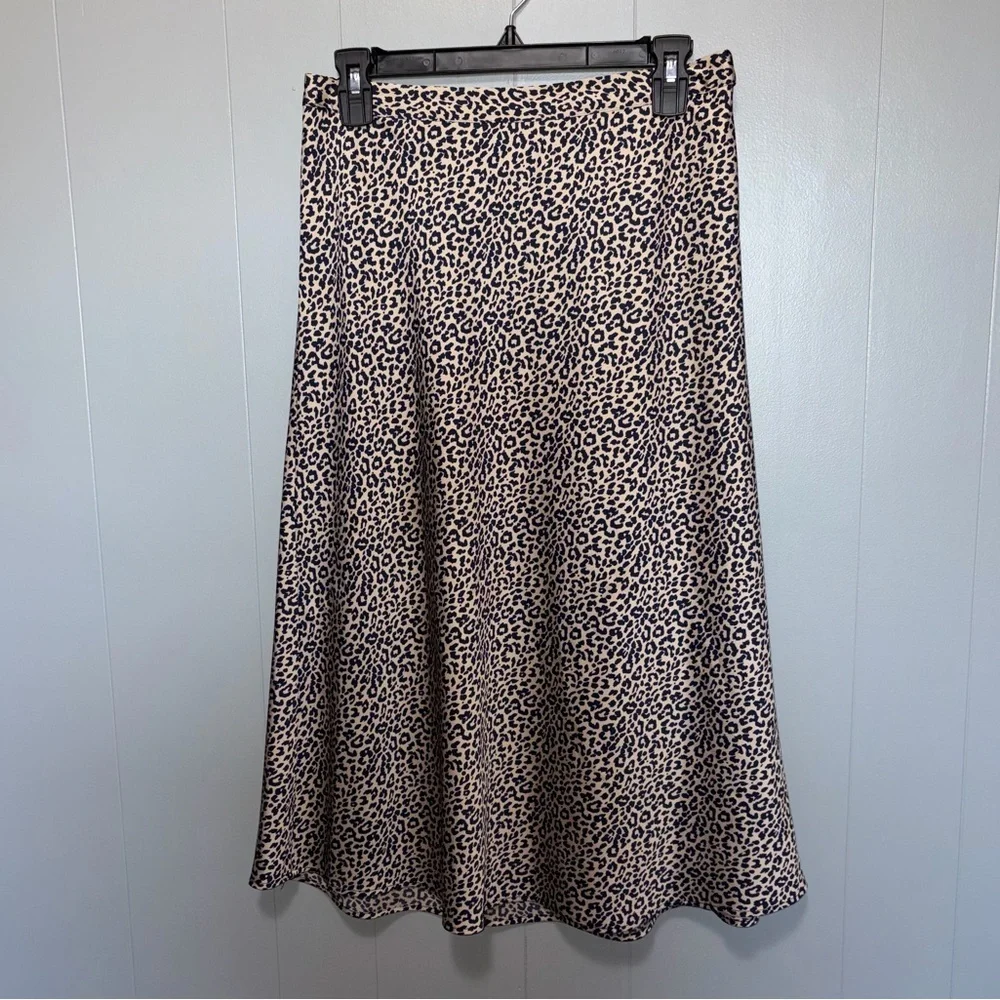 J. Crew Navy Blue and Brown Leopard Bias Slip Midi Skirt Small
